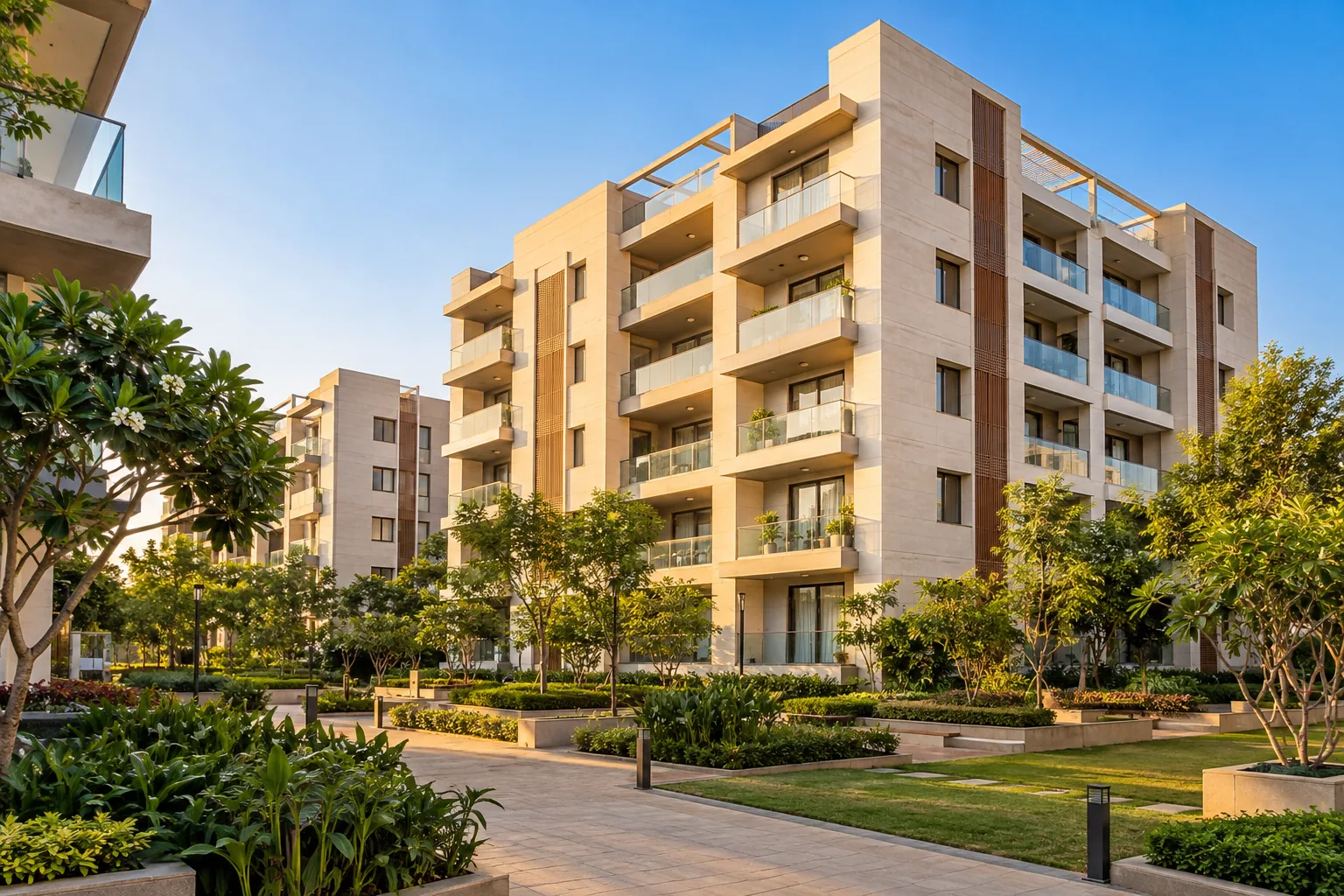Contemporary apartment building with landscaped courtyard